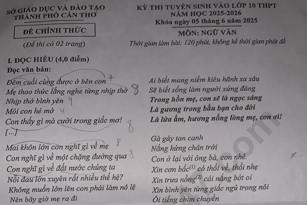 Đề thi và đáp án vào lớp 10 năm 2025 môn Văn tại Cần Thơ