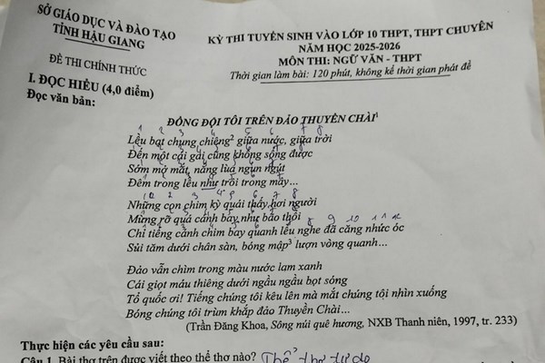 Đề thi và đáp án vào lớp 10 năm 2025 môn Văn tại Hậu Giang