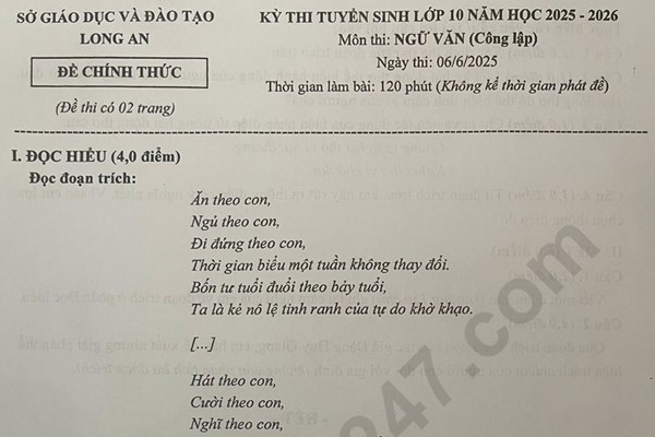 Đề thi và đáp án vào lớp 10 năm 2025 môn Văn tại Long An
