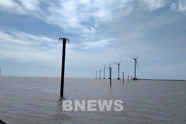 Khắc phục sự cố gió lớn gây nghiêng, đổ 13 trụ điện gần bờ biển ở Vĩnh Long