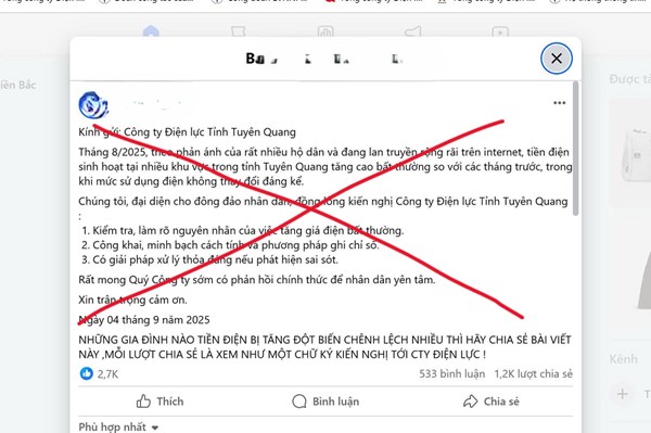 Cảnh báo về việc lan truyền thông tin “copy” kiến nghị liên quan đến tiền điện tháng 8