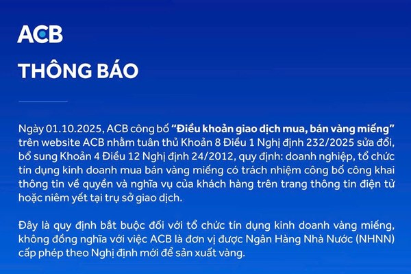 ACB lên tiếng về thông tin tái khởi động mảng sản xuất vàng từ ngày 10/10