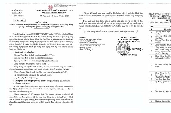 Tạm dừng các hệ thống ứng dụng ngành thuế từ ngày 11–12/10