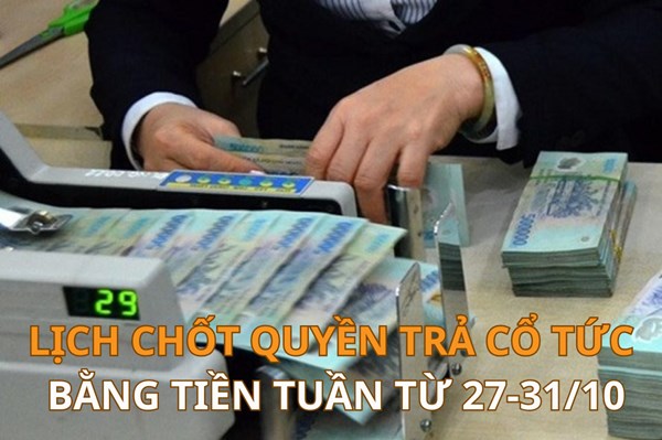 Lịch chốt quyền trả cổ tức bằng tiền tuần tới (từ 27-31/10): TTT trả cổ tức cao nhất 20%
