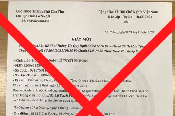 Thuế Cần Thơ cảnh báo giả mạo cơ quan thuế để lừa đảo