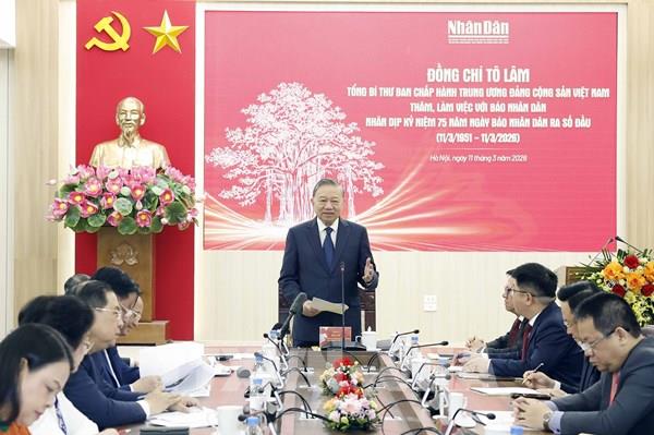 Tổng Bí thư Tô Lâm: Báo Nhân Dân phát huy vai trò vũ khí sắc bén, xứng đáng vị thế là ngọn cờ đầu trong công tác tư tưởng của Đảng