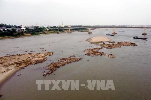 Nước sông Hồng qua Phú Thọ cạn, tàu thuyền di chuyển khó khăn