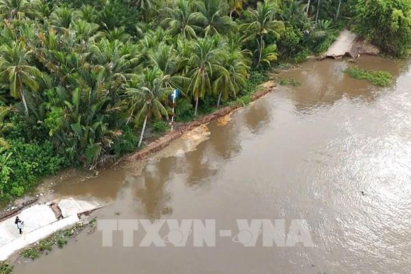 Vĩnh Long: Sạt lở nghiêm trọng đê bao sông Măng, giao thông chia cắt