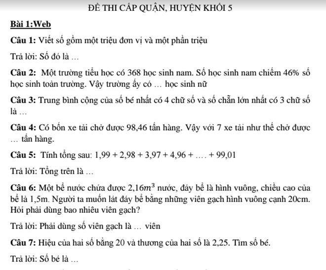 Đề Thi Violympic Cấp Quận/Huyện Khối 5 Năm 2016 Môn Toán Tiếng Việt