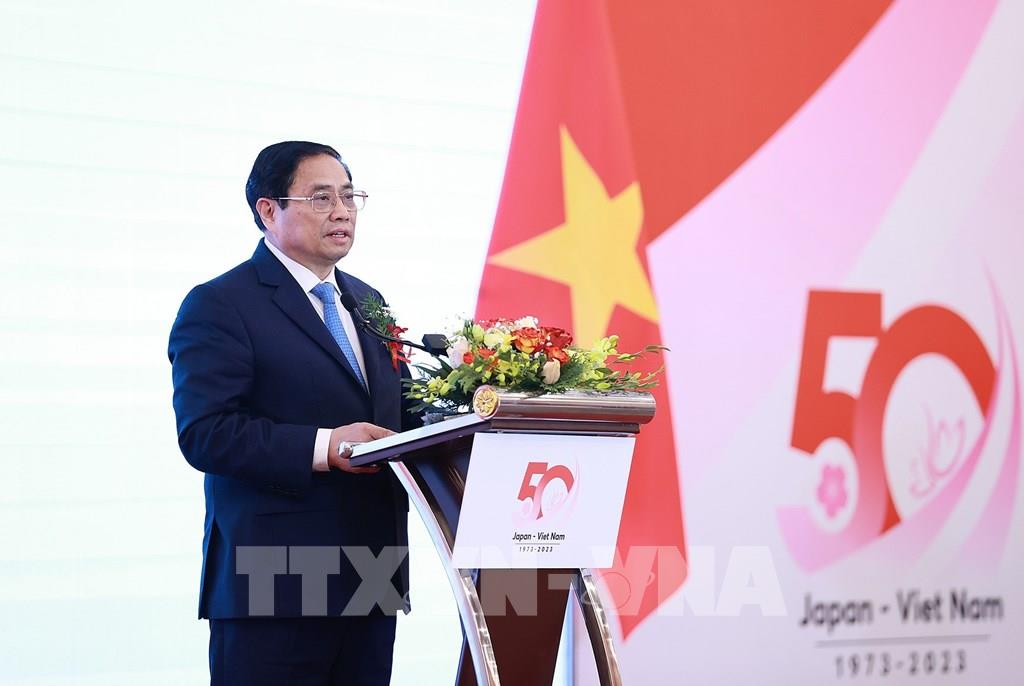 Thủ tướng Phạm Minh Chính phát biểu tại Hội thảo kinh tế cấp cao Việt Nam - Nhật Bản. Ảnh: Dương Giang-TTXVN
