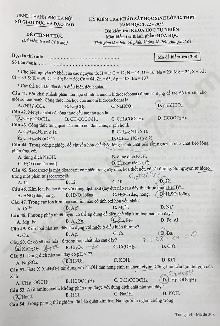 Đề thi thử tốt nghiệp THPT năm 2023 môn Hóa học